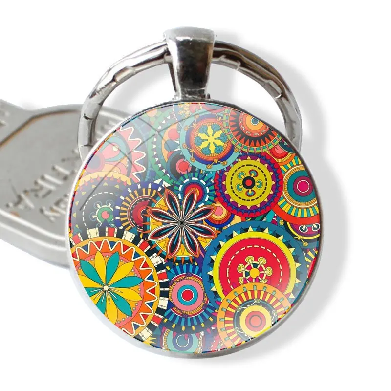 Khokhloma Russian Pattern Flower Cute Keychain Handmade Glass Cabochon Key Ring Holder Pendant Key Chains