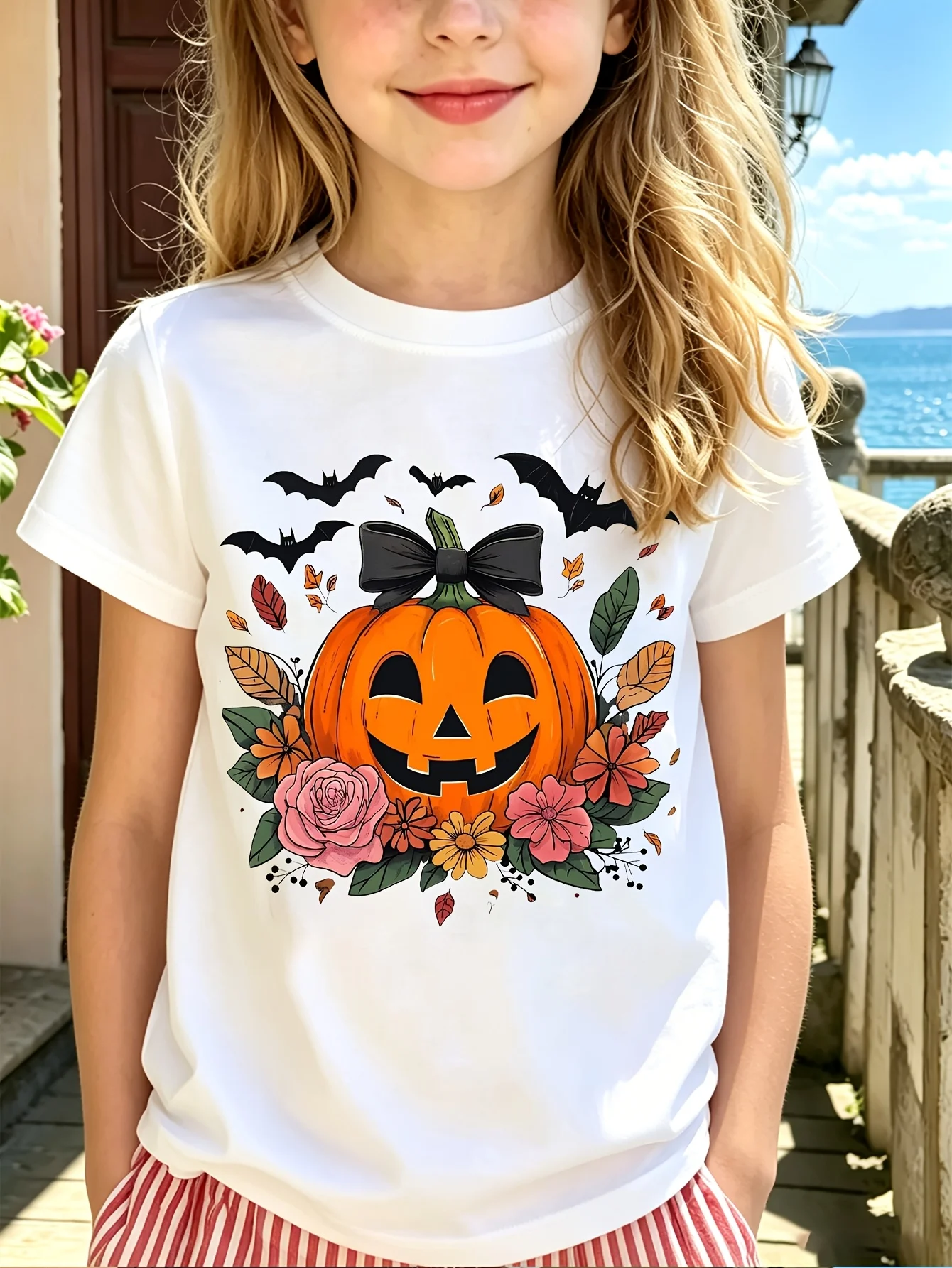 Kids Floral Bow Pumpkin Face Print T Shirt Short Sleeve Halloween Bat Autumn Leaf Graphic Tees Casual Tops For Boys And Girls