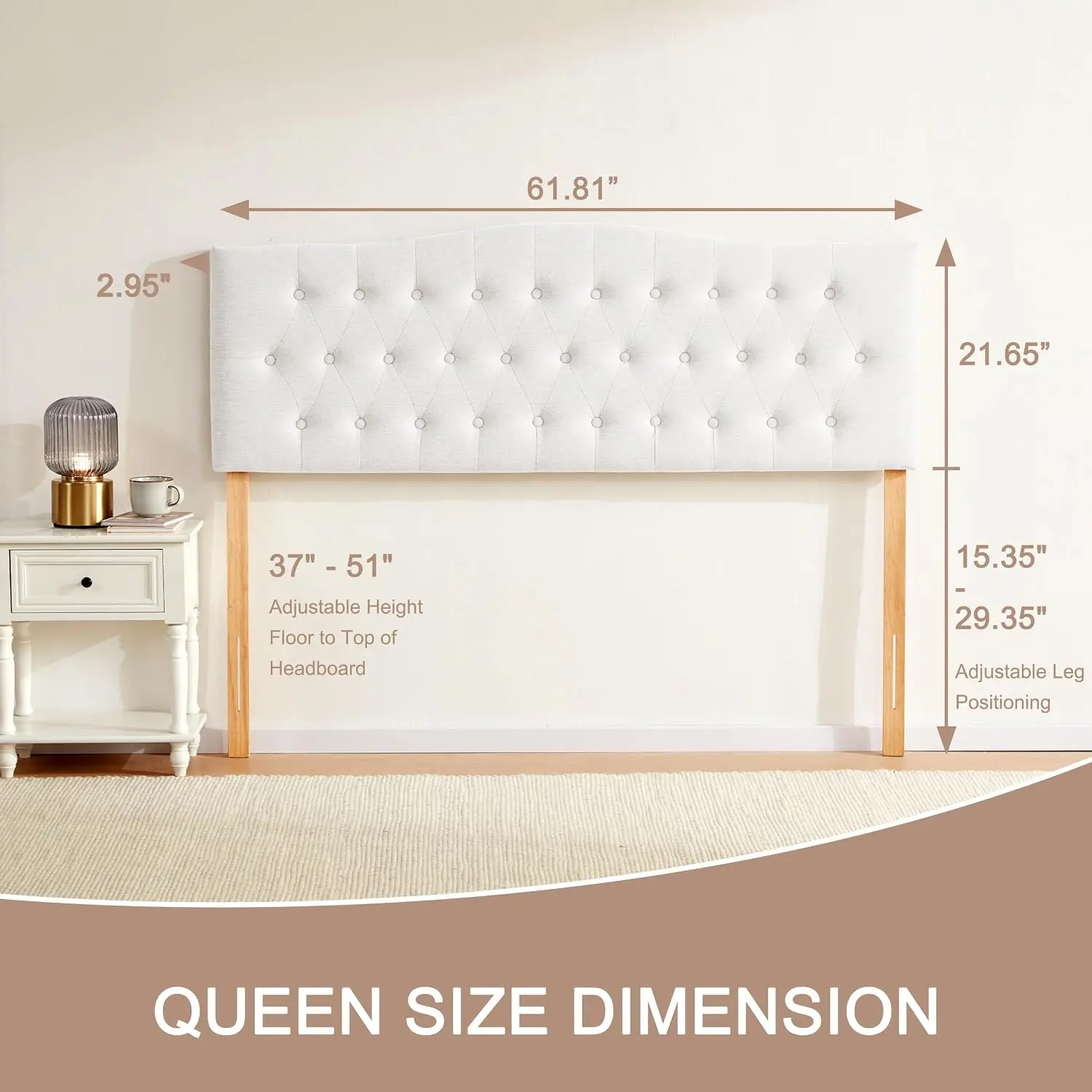 Tufted Queen Headboard, Upholstered Solid Wood Adjustable Height 37-51in, Fabric Diamond Pattern Bedroom, Customized