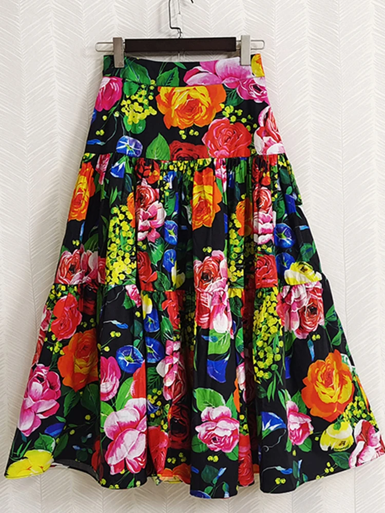 AELESEEN Runway Fashion 2022 Summer 100% Cotton Bohemian Skirt Women High Waist Colorful Flowers Printed Holiday Midi