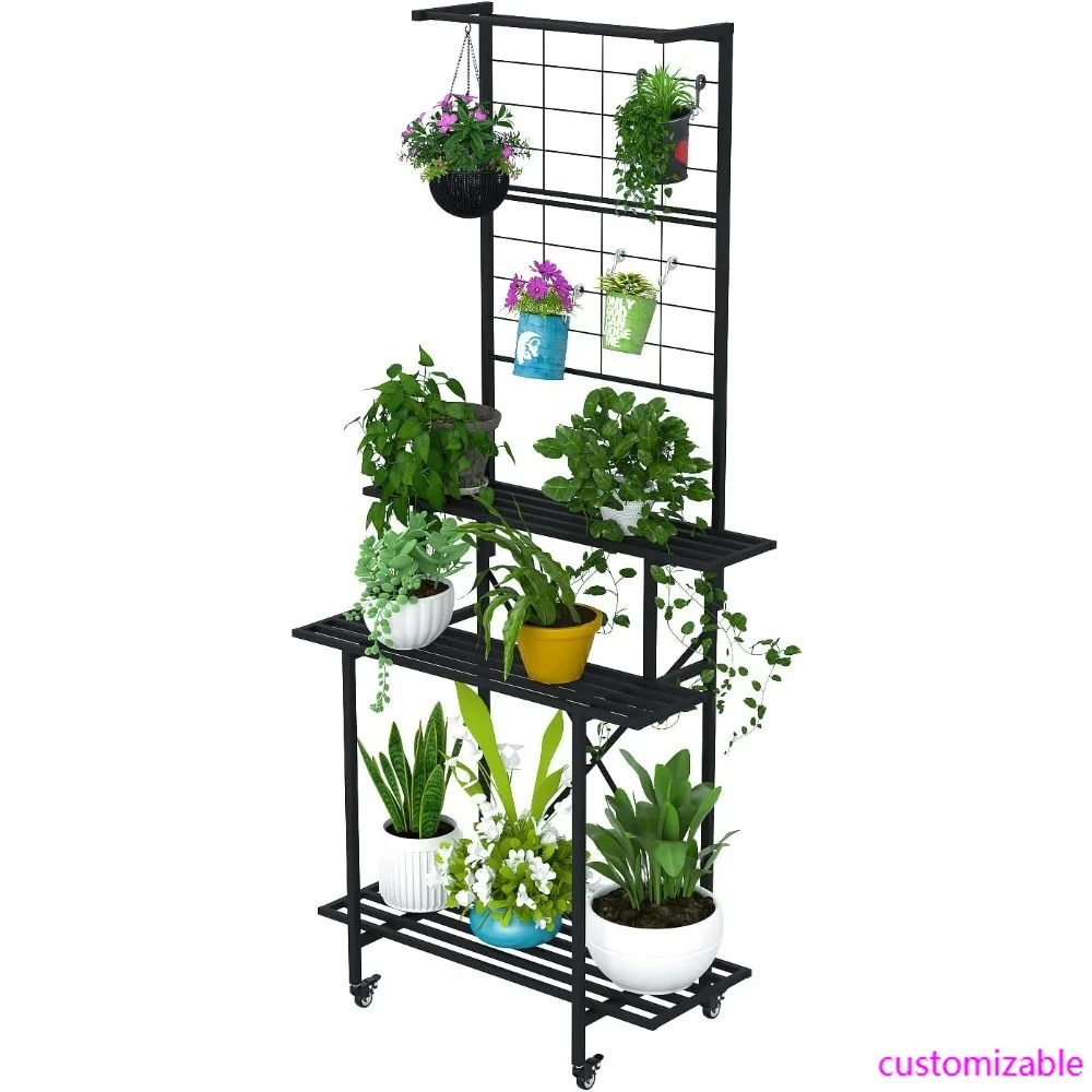 Soporte para plantas de 3 niveles de alta resistencia con estante para macetas colgantes y ruedas, 35,43 de largo x 18,11 de ancho x 81,1 de altura, soporte para plantas de varios niveles