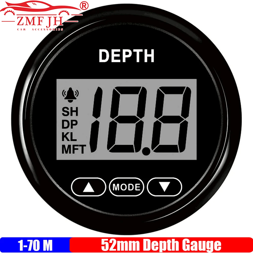 

ZMFJH Marine 52mm Digital Depth Gauge Indicator with Transducer and White Backlight for Yacht Fishing Boats Universal 12V