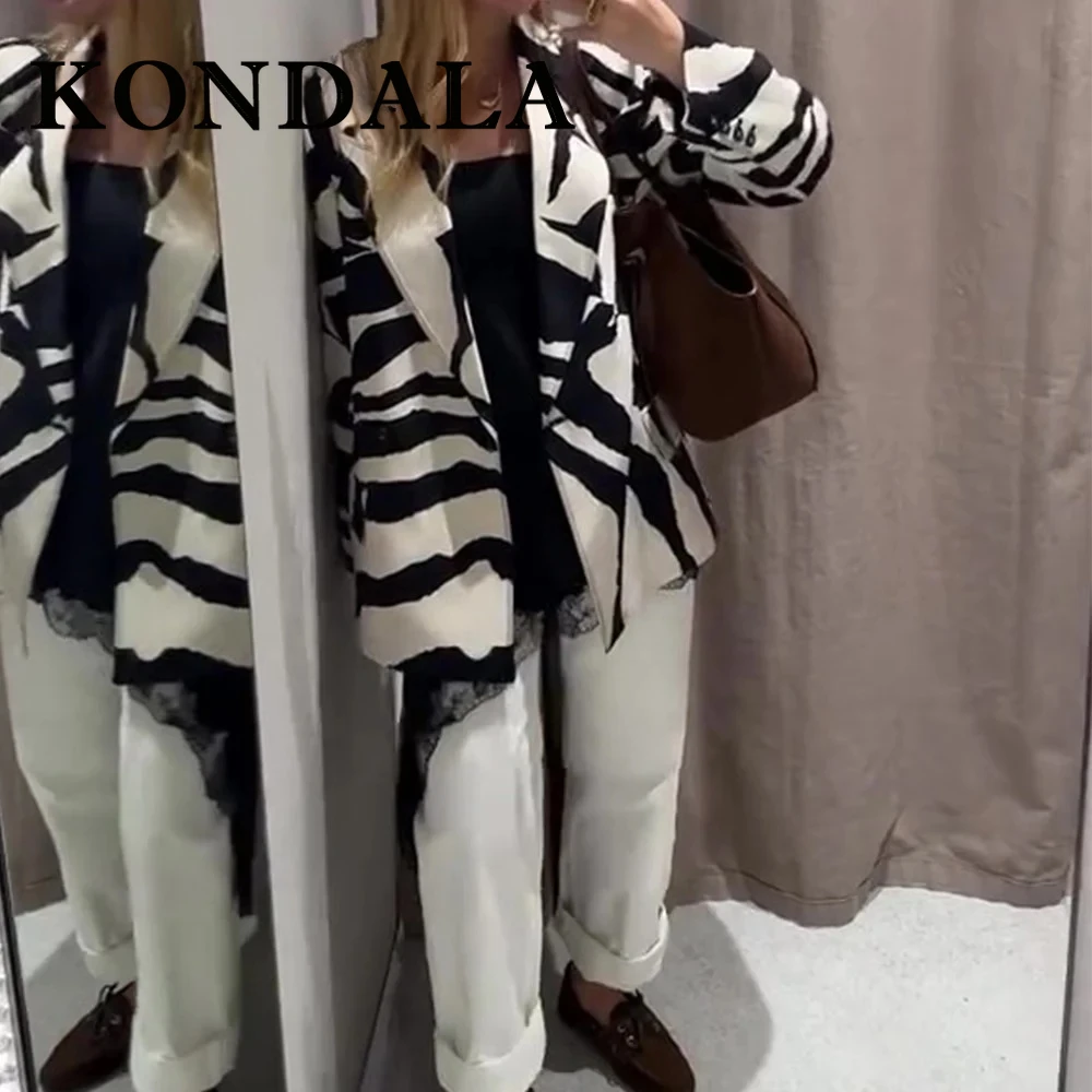 KONDALA Chic 2025 Office Lady Animal Print Woman Suit Double Breasted Elegant Loose Blazer+Long Pants Fashion Casual Female Sets
