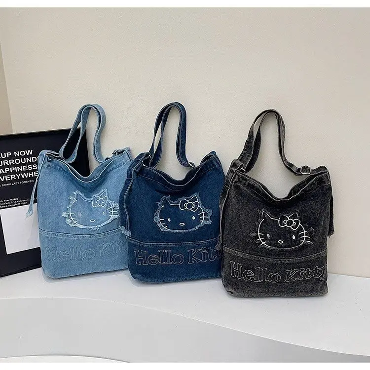 

Cartoon Cute HelloKitty Denim Bucket Bag Kawaii Girly Heart Large Capacity Handbag Shoulder Bag Fashion Crossbody Bag Gift