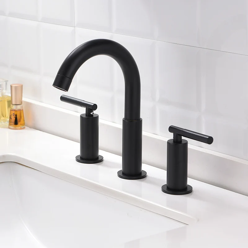 Matte Black/Brushed Gold Double Handles 3 Hole Bathroom Basin Faucet Cold And Hot Water Mixer Knurling Design Widespread Faucet