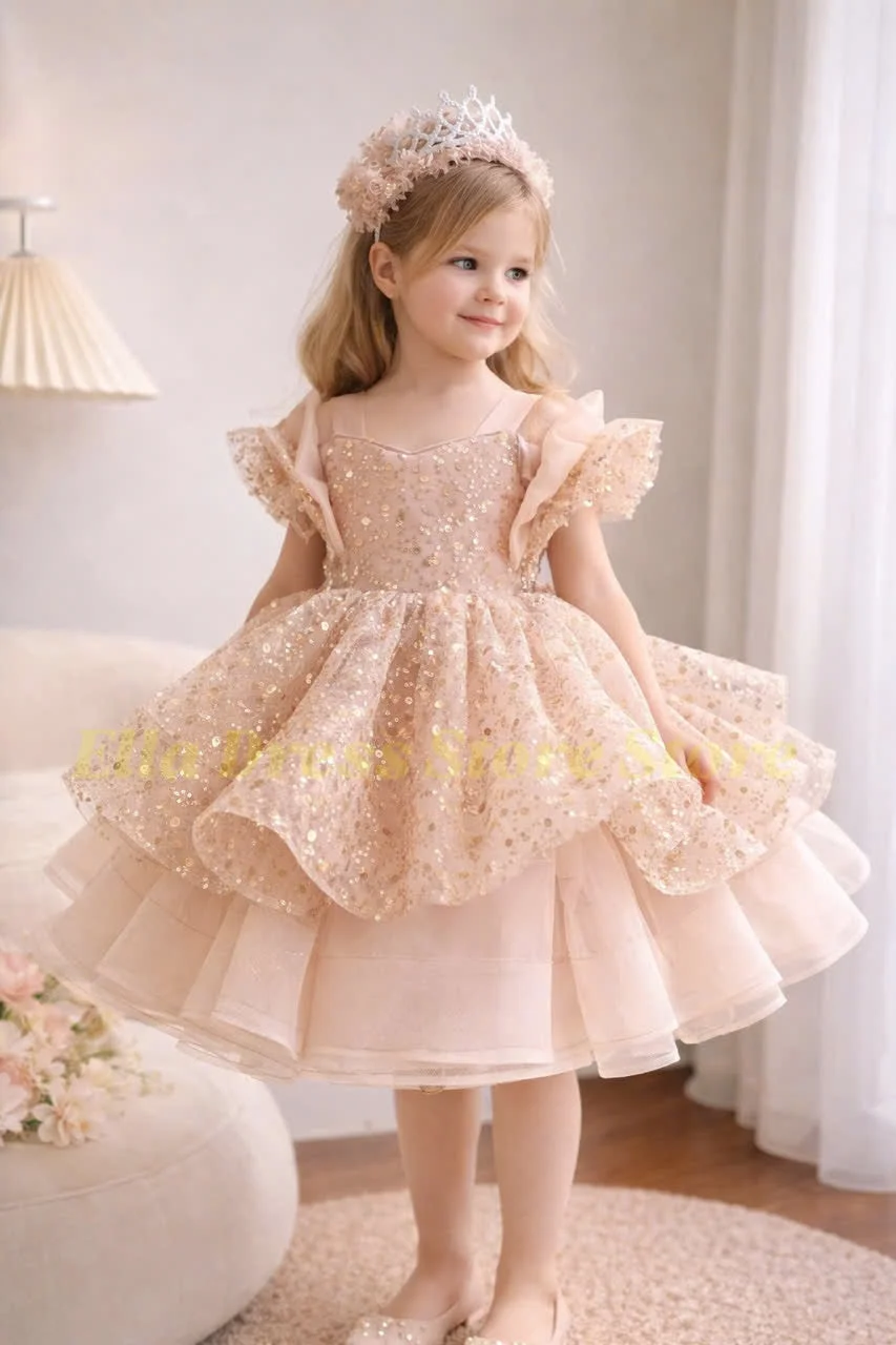Großhandel Maßgeschneiderte Flauschige Goldene Satin-Blumenmädchenkleider Knielang Hochzeitsfeierkleid Schleife Kleinkind Baby Geburtstag Festzug Ballett – Detail 4