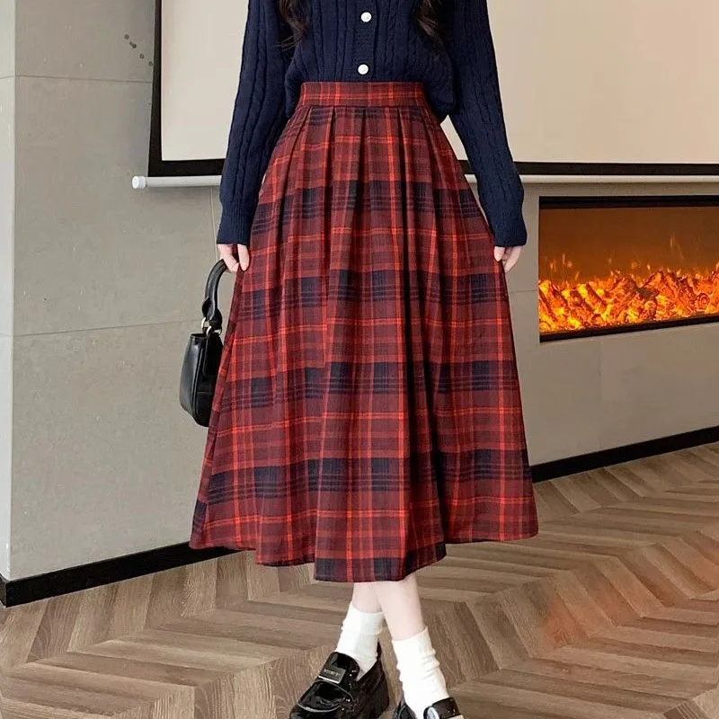 Vintage Plaid Falten röcke Frauen koreanische hohe Taille elegante lässige Midi Röcke weibliche Harajuku adrette All-Match eine Linie Röcke