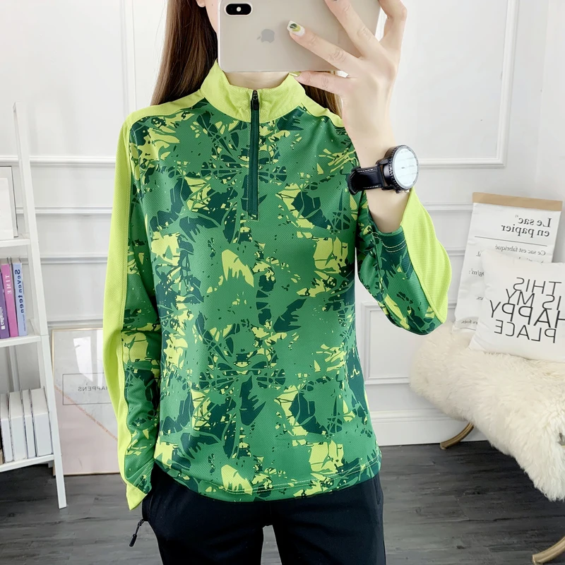 Outdoor Running Long Sleeve T-shirt Women Hiking Breathable Sport Sweatshirt Camping Mom Quick Dry Camouflage Pattern Plus Size