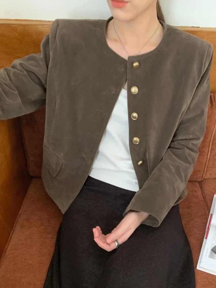 

Retro Chic Women's Leather Velvet Suit Top ort Sve Long Sve round Ne Button up Outerwear Spring Autumn Pure Color C...