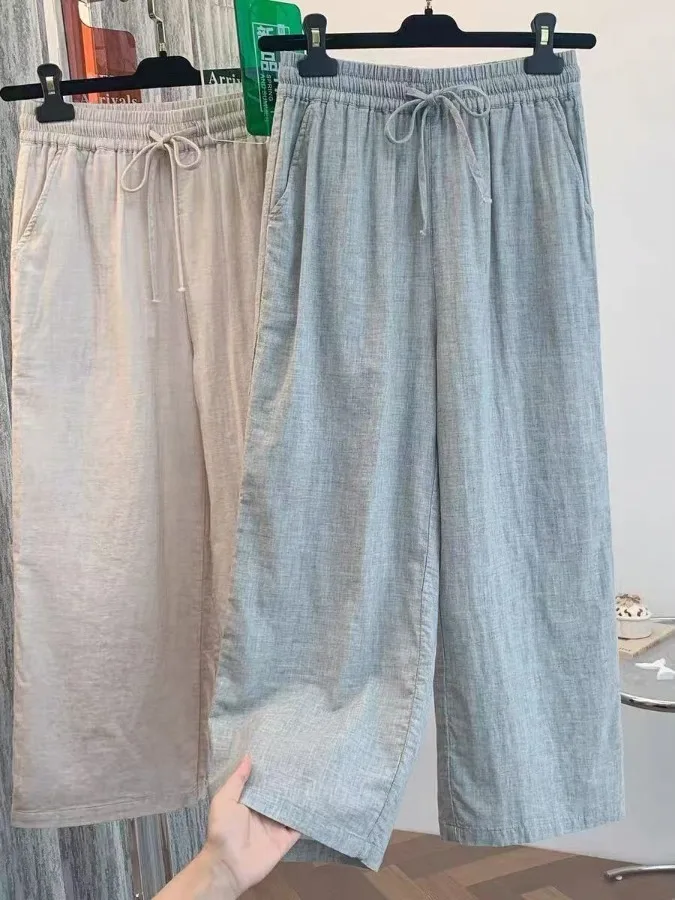 Women's Loose Elastic Waist Drawstring Cotton Blend Casual Pants Double Layered Straight Leg Trousers Autumn Fashion 2026