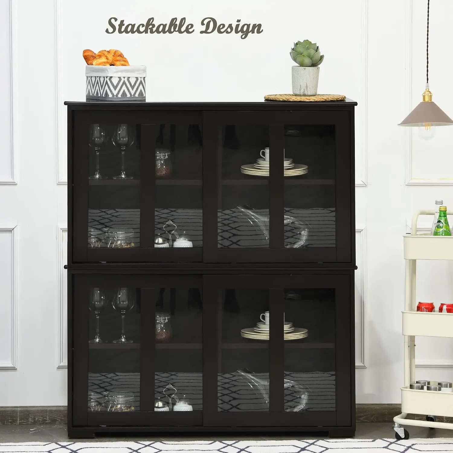 Stackable Storage Cabinet With Sliding Glass Doors, Sideboard For Kitchen Dining Living Room, 42x13x24.5