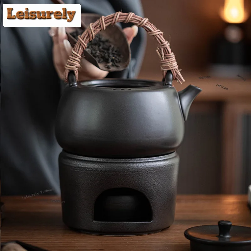 BAEJORIA 600ML Handmade Kiln Change Red Ceramic Teapot Rattan Weaving Lifting Handle Pot Boling Water Kettle Fot Tea Stove Gifts