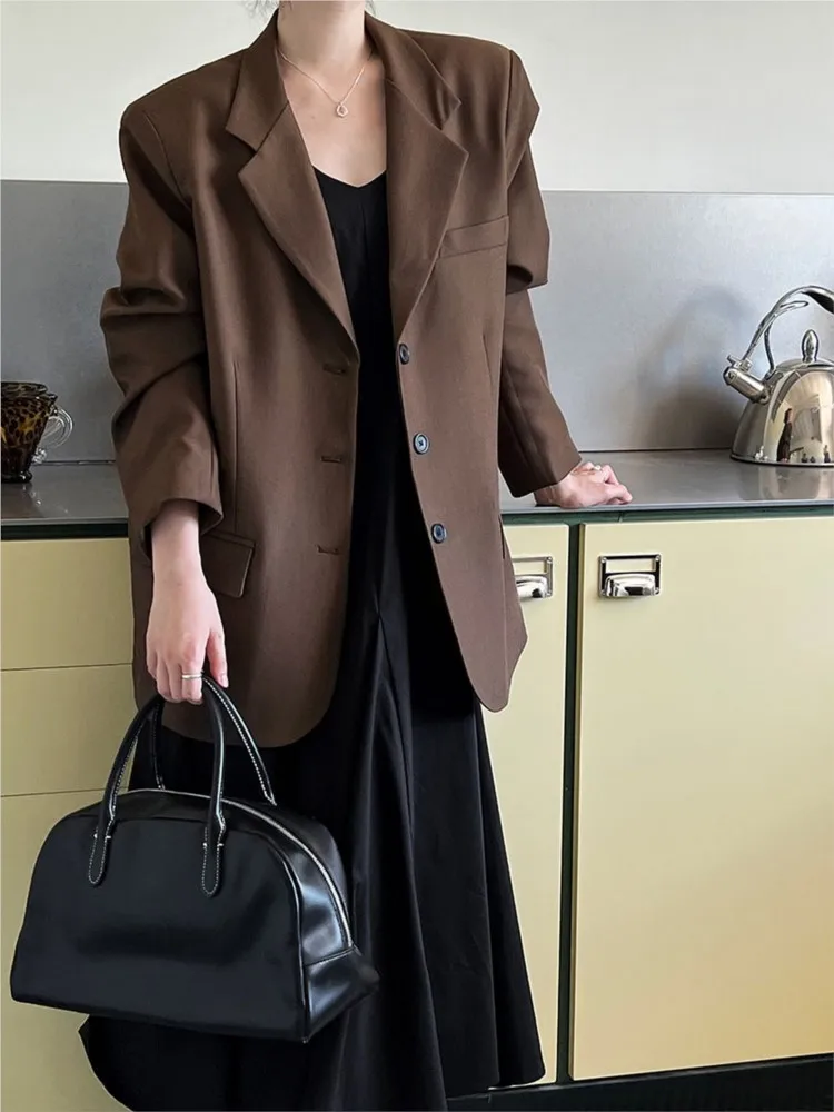 

Элегантные пиджаки, пальто для женщин, офисные женские пиджаки с карманами, новинка 2025, осенняя винтажная корейская повседневная свободная верхняя одежда с длинными рукавами