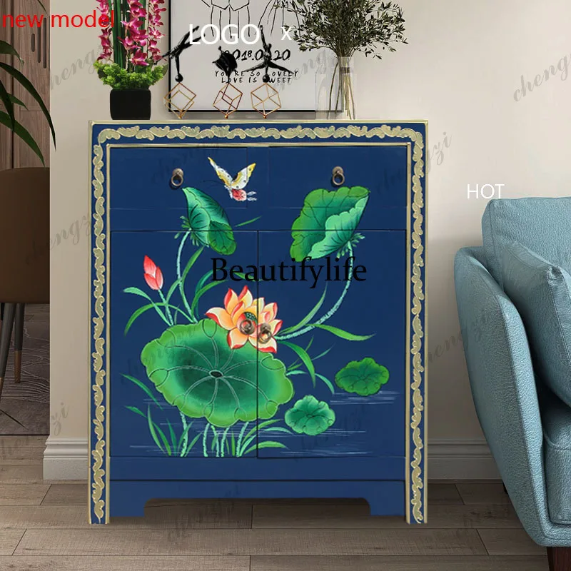 N138New Chinese solid wood, modern minimalist creative painting, bedroom bedside storage cabinet