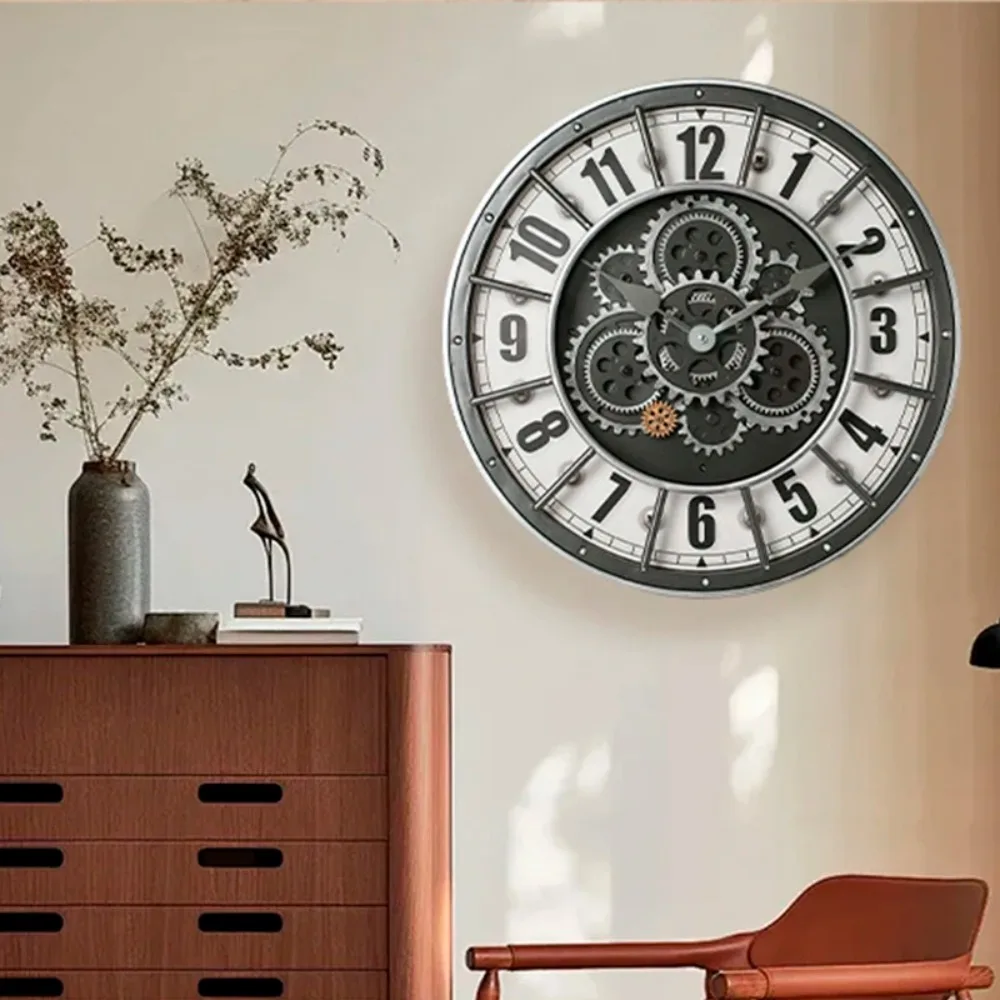 Retro Industrial Roman Wall Clock  Gear Rotation Clock Living Room Decorative Wall Clock Stylish Silent