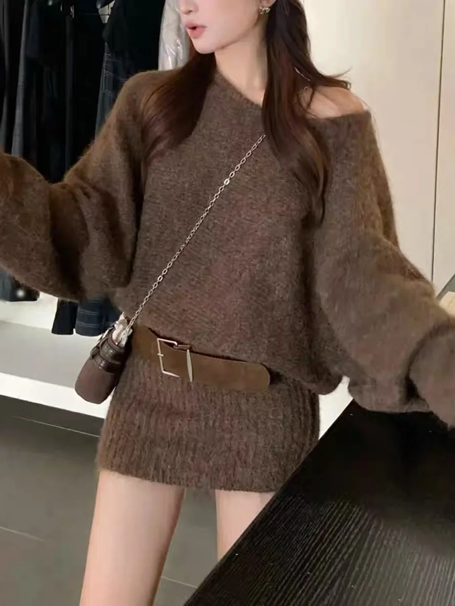 

Вязаный свитер большого размера на одно плечо с поясом, теплая длинная юбка ранней осени и зимы, круглый комплект из двух предметов, юбка