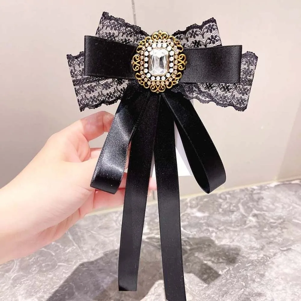Rhinestone Pearls Tie Tassels Black Hand-beaded Lace Necktie Geometric Academic Style Decoration Shirt Tie Daily
