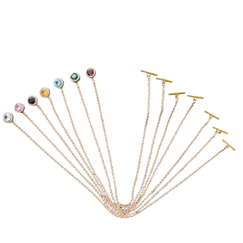 Exquisite Gold Long Chain Colorful Gemstone Cufflinks Shirt Cuff Decoration with Long Chain Pins Business and Leisure Pin