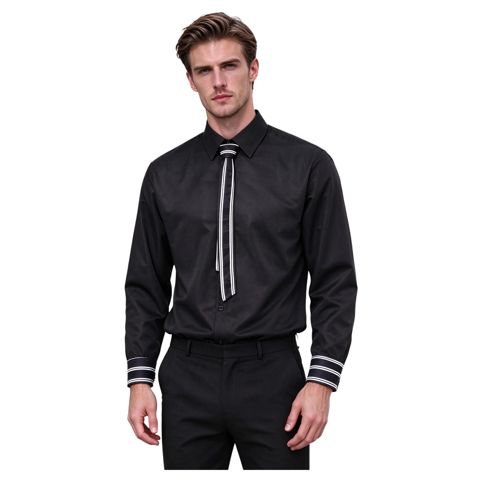 Shirts for Men Handsome Turn-down Collar Business Gentleman Long Sleeve Button Shirt with Striped Tie for Casual Office Work