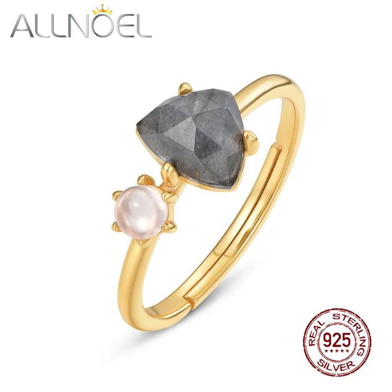 

ALLONEL Vintage Labradorite Natural Stone Jewelry 925 Sterling Silver Ring 10k Gold Plated Engagement Ring for Women Gifts