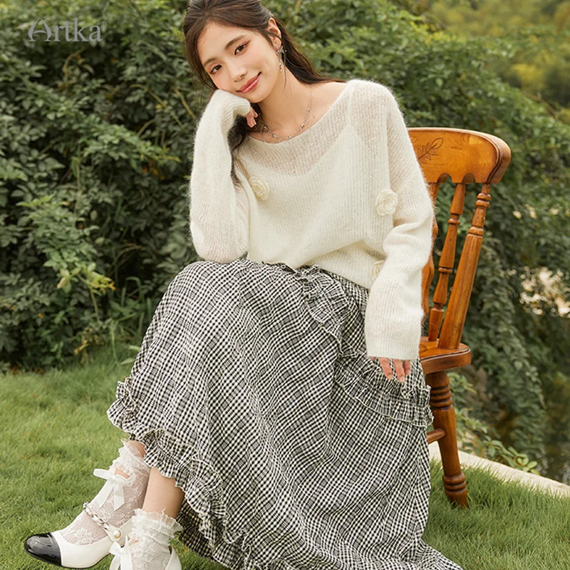 ARTKA 2023 Autumn New Women Skirt Fashion Elegant Elastic High Waist Plaid Skirts A-Line Ruffles Long Skirt Female QA92439Q