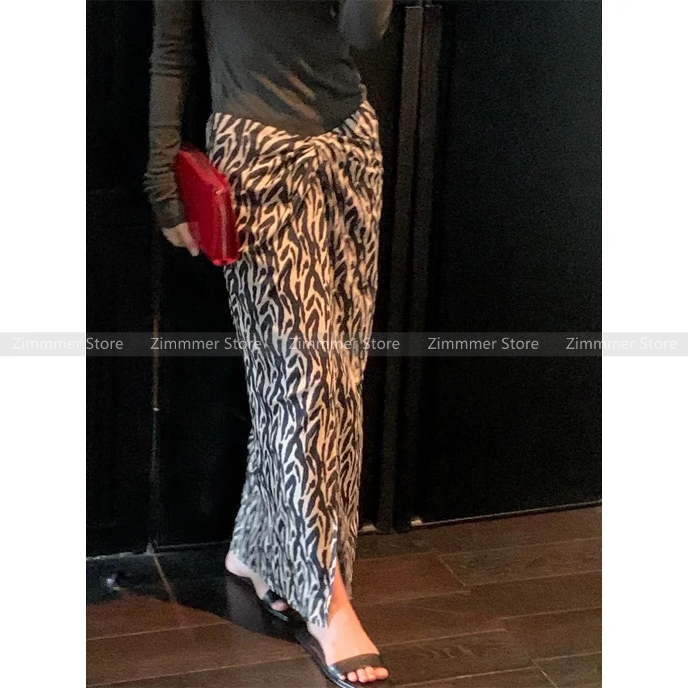 

Fashion Women's clothing 2024 new retro high waist twisted slit leopard print midi skirt