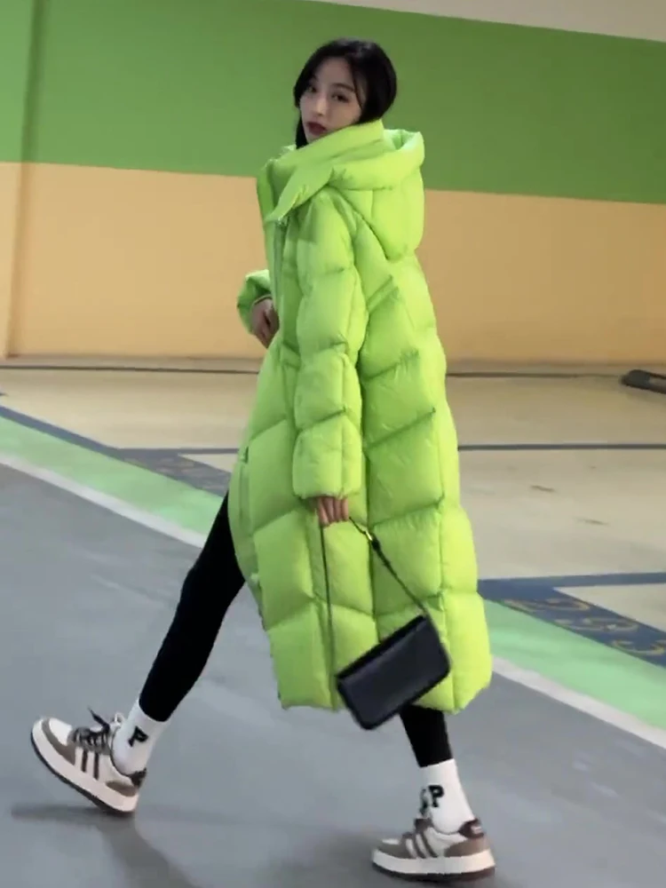 Women Green Long Down Coat 2025 Winter Oversized Duck Down Jacket Warm Knee Length Padded Parka