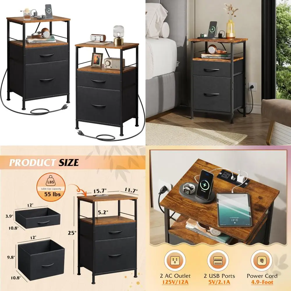 Charging Station Nightstand Set of 2, Bedroom Side Tables with Fabric Drawers, Modern Nightstands for Bedside Storage
