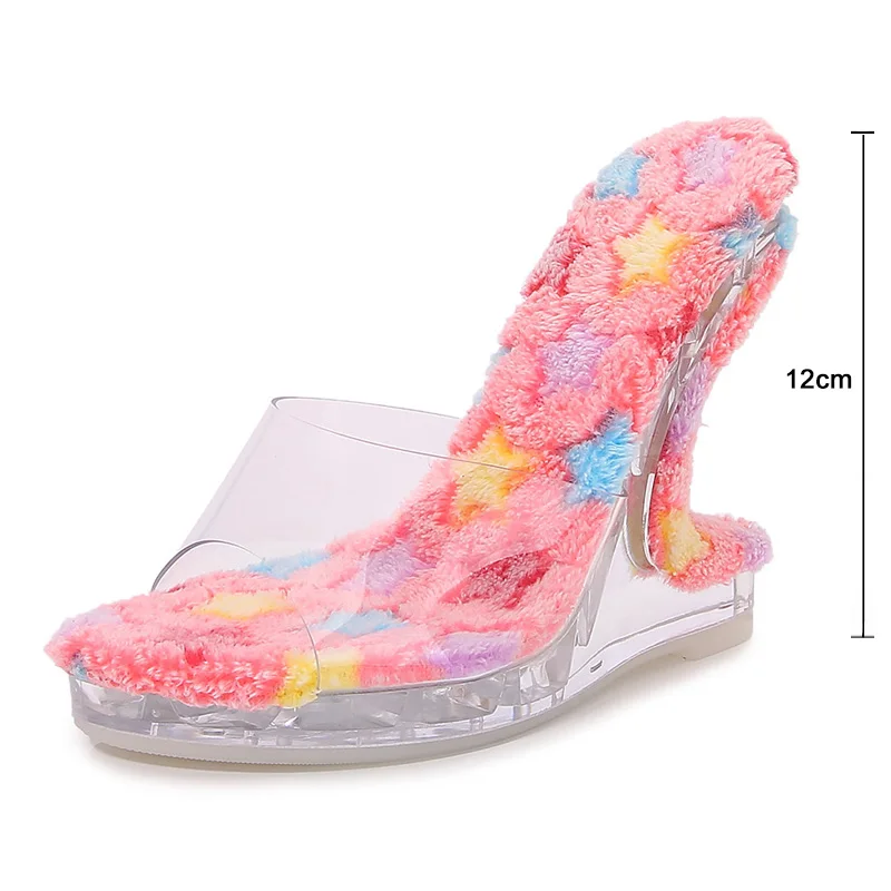 Fashion Fluffy Slippers Elegent Women Summer Outdoor French Tranparent Crystal Wedges Platform Sandals Woman High Heels Shoes