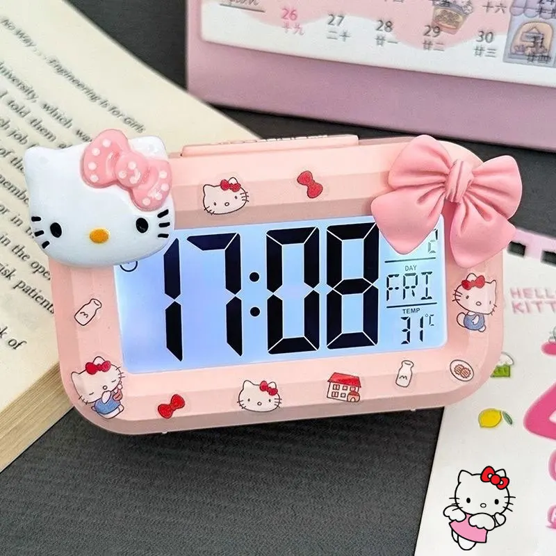 Cartoon Sanrio Alarm Clock Hellokitty Cinnamoroll Melody Noctilucent Alarms Clocks Desktop Ornament DIY Student Alarm Clocks