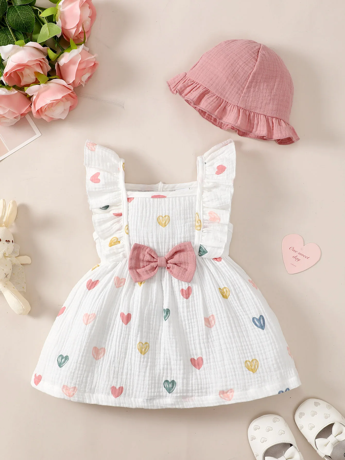 2PCS Dress Clothes Set Cool Girls Love Print Sleeveless Dress With Hat Summer Fashion Cute Wear for Infant  Girl 1-3 Years Old