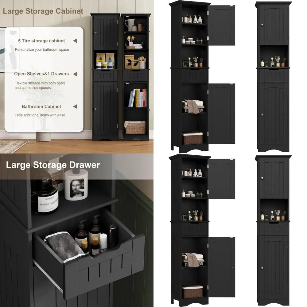 67 Hochfreistehender schwarzer Schrank mit 2 Türen und 1 Schublade für die Aufbewahrung im Badezimmer, verstellbare Regale, geeignet für Wohnzimmer und