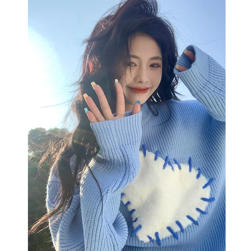 Women\'s Blue O-Neck Pullover Knit Sweater Harajuku Y2k Long Sleeves Loose Sweater Vintage 90s 2000s Aesthetic Fashion Clothes