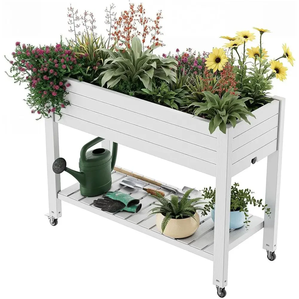 Portable Outdoor Large Resin Garden Bed with Drainage and Wheels for Growing Vegetables and Fruits