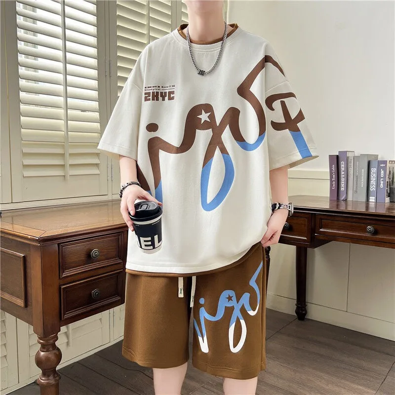 2024 Summer Men\'s Sets Korean Fashion Two Piece Set Tracksuit Men Trend Men Clothing Joggers Set T Shirt+Shorts Outfit Set Men