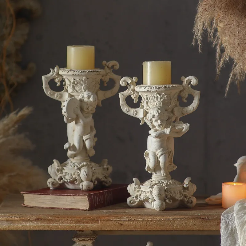 Candle Holder French Retro Wooden Candlestick Ornament Dining Table Living Room Entryway Home Decor
