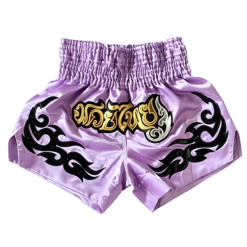 Purple Muay Thai Shorts for Men Women Kids Satin Kickboxing Shorts with Gold Embroidery Boxing Shorts for MMA Training Fighting