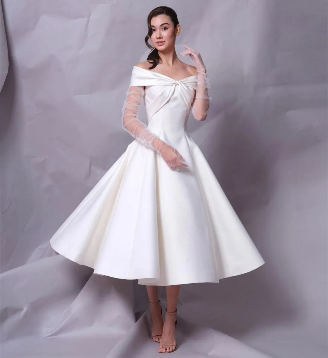 Customized Short Off Shoulder Pleated Wedding Dresses with Pockets A-Line Satin Lace Up Back Tea Length Bridal Gowns for Women