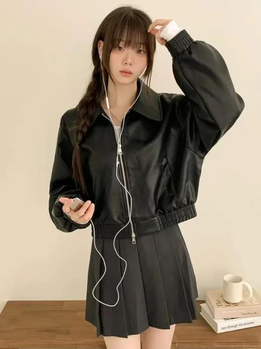 시크 롱 코트 여성용 루즈핏 턴다운 칼라 오픈 가디건 가을 겨울 가죽 자켓 아우터웨어