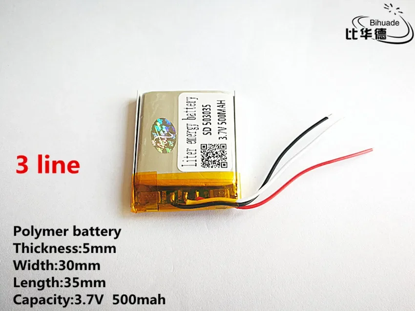 5pcs/lot 3 line Good Qulity 3.7V,500mAH,503035 Polymer lithium ion / Li-ion battery for TOY,POWER BANK,GPS,mp3,mp4