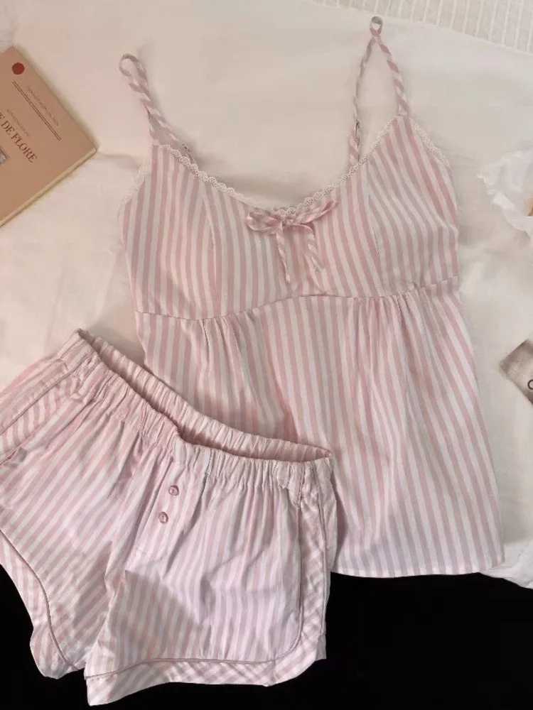 

Летний женский комплект пижамы в милую полоску с накладкой на грудь, повседневная домашняя одежда с v-образным вырезом, удобная смесь хлопка