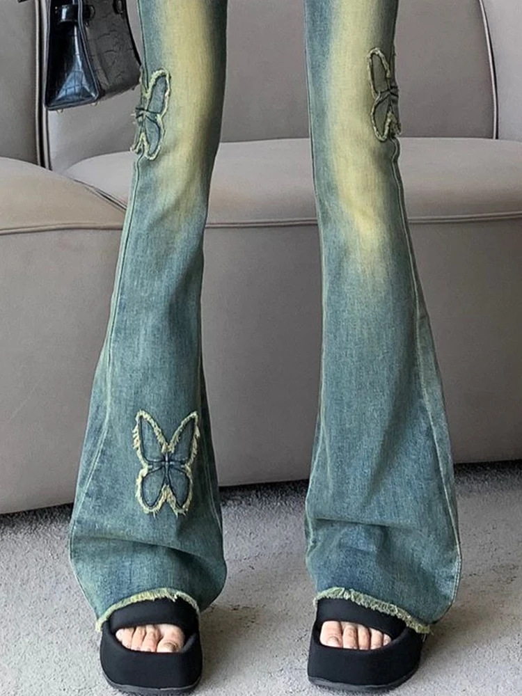 

Y2K Women Vintage Sweet Blue Flare Jeans Harajuku Butterfly embroidery Straight Trousers High Waist Denim Female Kawaii Clothes