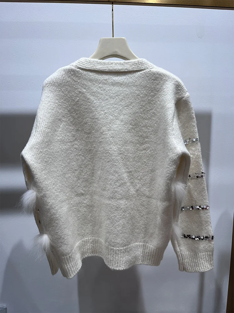 2025 여성 봄 가을 여성 패션 천연 리얼 폭스 퍼 니트 가디건 오버사이즈 코트 폭스 퍼 장식 스웨터