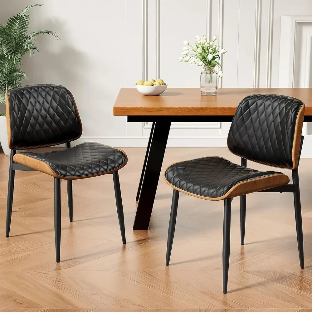 Mid-Century Modern Upholstered PU Leather Dining Chairs with Walnut Backrests and Metal Legs, Black Diamond Plaid Pattern