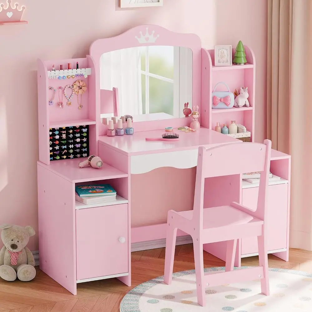 MU Kids Vanity, Girl Vanity Set with Mirror and Stool, 2 in 1 Toddler Makeup Vanity Table with lry Storage, Wooden PrincMakeup D
