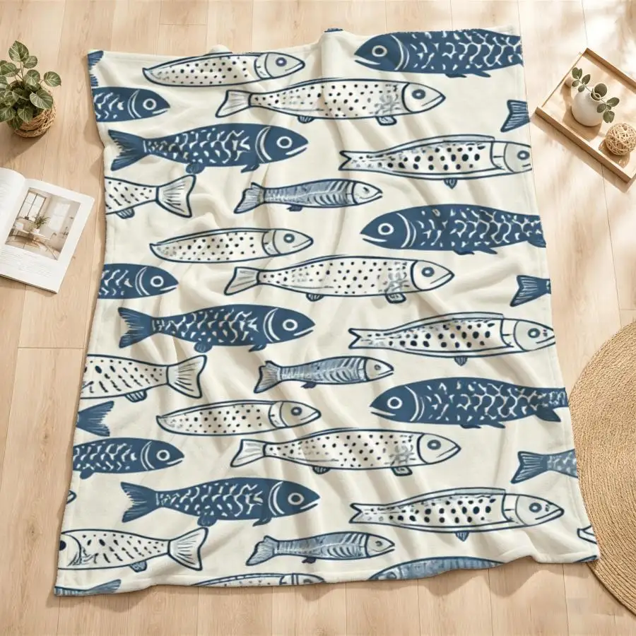 Navy Blue Fish Line Art Flannel Throw Blanket-Soft & Warm Minimalist Design with Stylized Swimming Fish on Background, Ideal for Couch, Bed, Office & Travel, Perfect Gift for Friends & Family, Machine Washable 2D Flat Weighted Blanket 280GS, 2D Flat