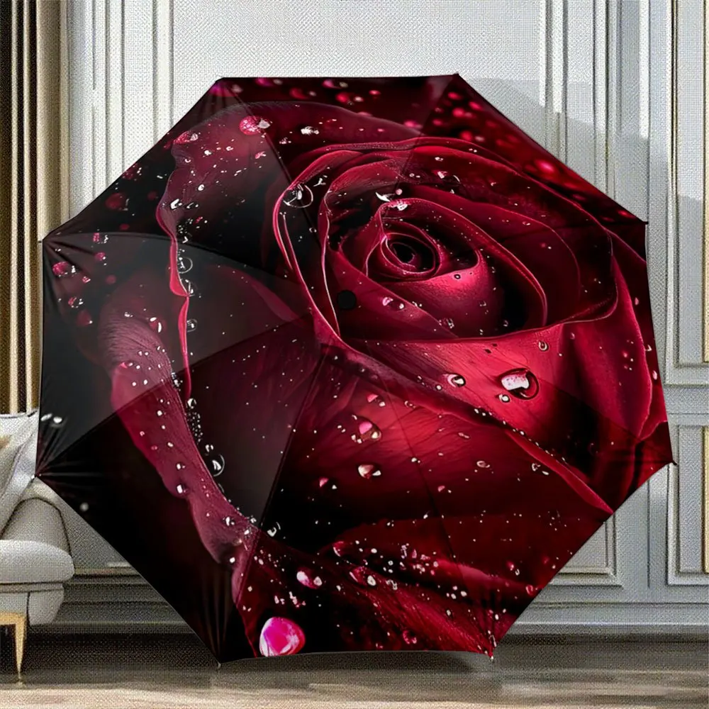 

Автоматический складной зонт с изображением красной розы и капель воды. Портативная складная конструкция, повседневный аксессуар для активного отдыха, рождественский подарок.