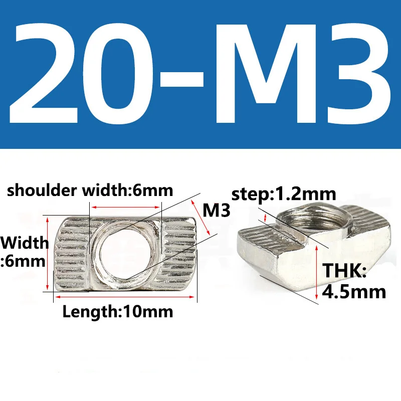 100 pcs M3 Drop-in T Nuts, Sliding T Slot Fasteners for 2020 Series Aluminum Extrusion Profiles, Carbon Steel Nickel Plated