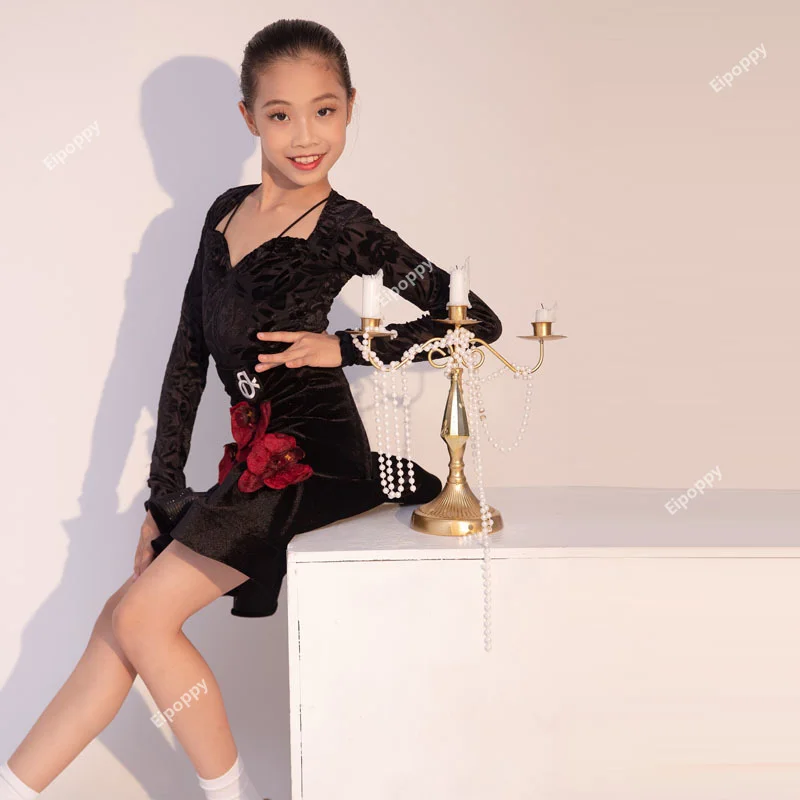 

Rose Latin Dance Dress 2024 Autumn New Girl's Training Dress Children's Advanced Dance Performance Dress