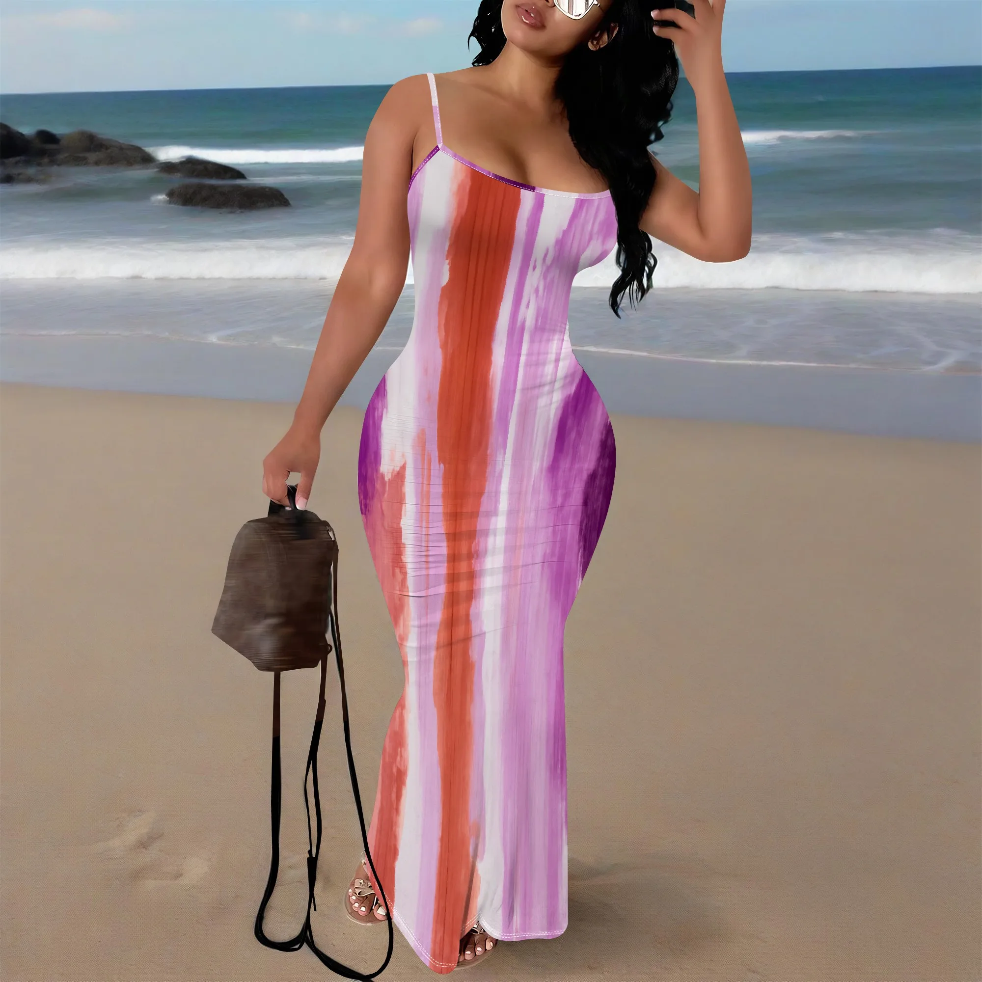 

Colorful Striped Bodycon Maxi Dress XS-3XL Spaghetti Strap for Summer Party, Beach Vacation or Day Out Look